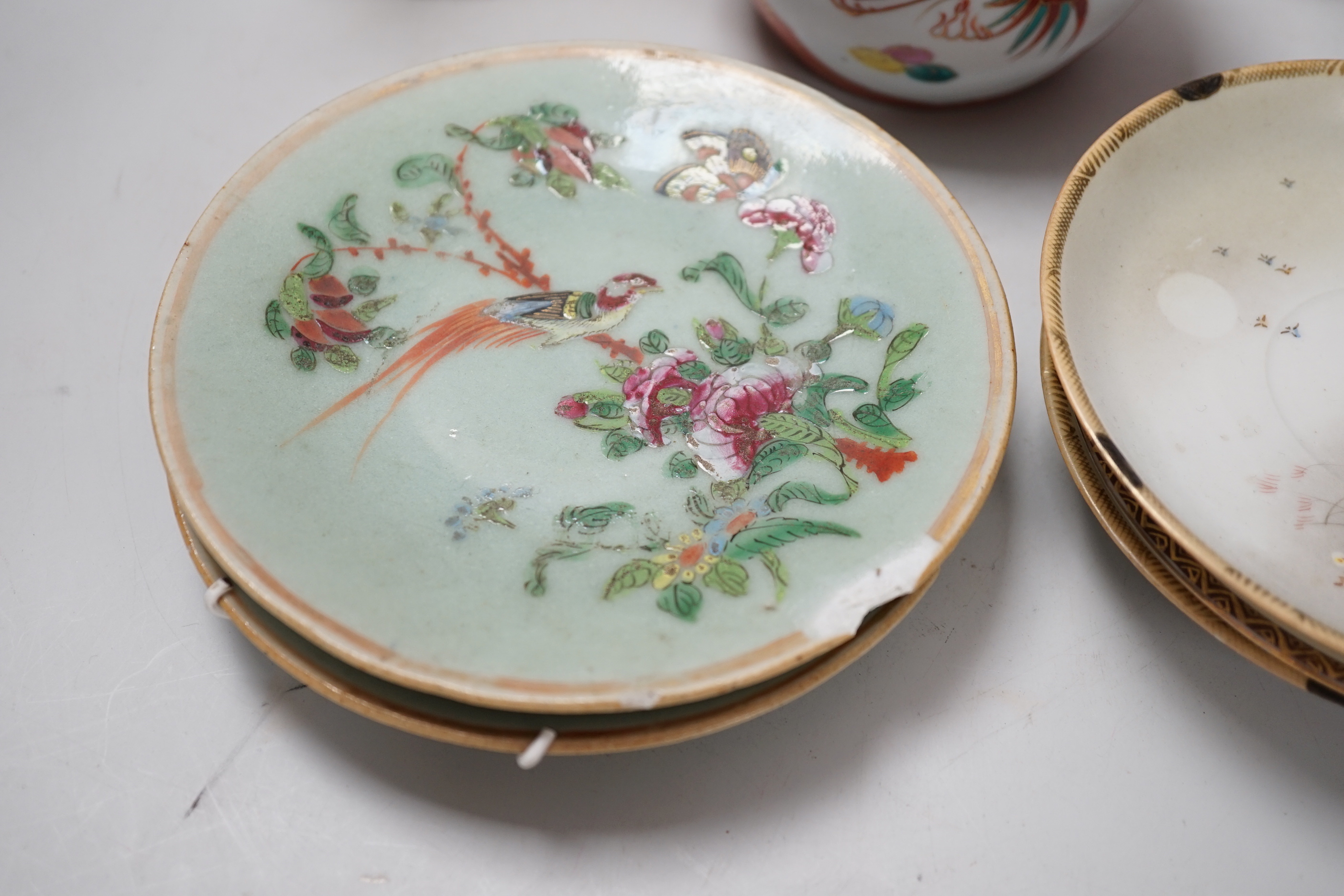 Three Chinese blanc de chine figures, two famille vert plates, a Japanese jar and three eggshell saucers